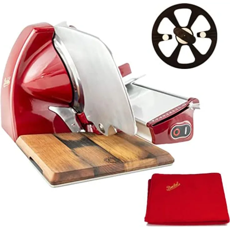Berkel Aufschnittmaschine Home Line 200 Plus in rot - Küchenschneidemaschine mit 19,5 cm Klingendurchmesser und handgefertigtem Fassholzbrett - Sonderangebot