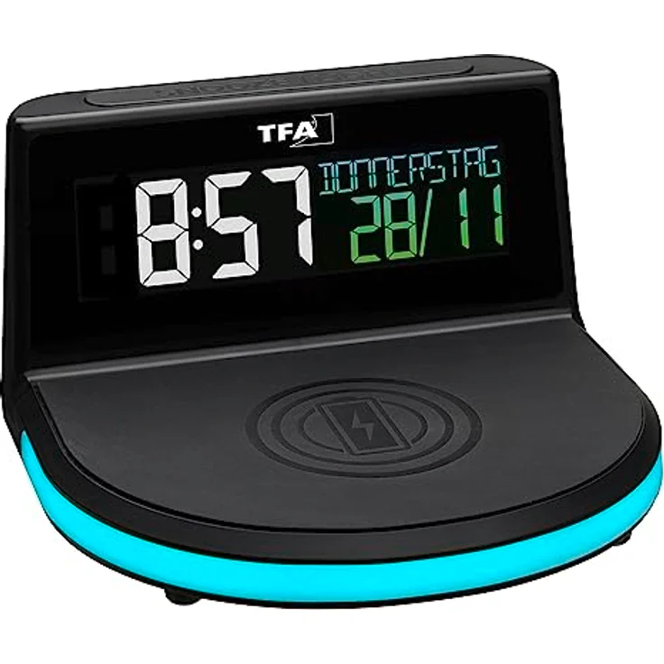 TFA Dostmann Charge-IT Wireless Digitalwecker 60.2028.01, mit kabelloser Qi-Ladestation, Farbdisplay, Datum, Raumtemperatur, Weckalarm und Snooze-Funktion, schwarz – Bild 4