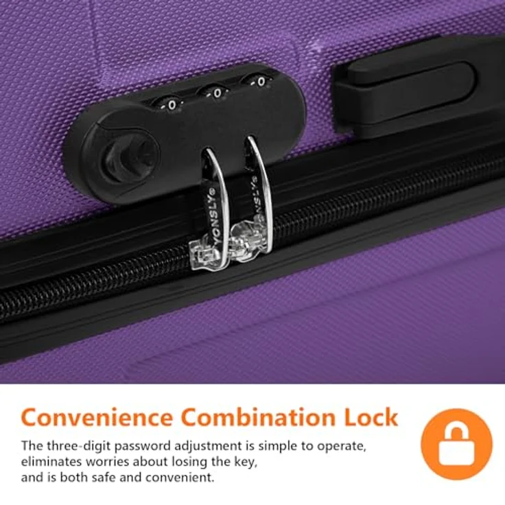 YONSLY Gepäckset Suitcase, Hartschalenreisekoffer mit 360° Lenkrollen, Zahlenschloss, Mehrstufiger Teleskopgriff, Lila (S-M-L-XL-Set) – Bild 4