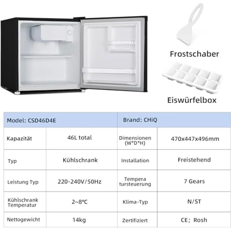 CHIQ Mini Bar Kühlschrank 46 L, Schwarz, Energieeffizienzklasse E, Sehr Leise 39dB, 12 Jahre Garantie – Bild 5