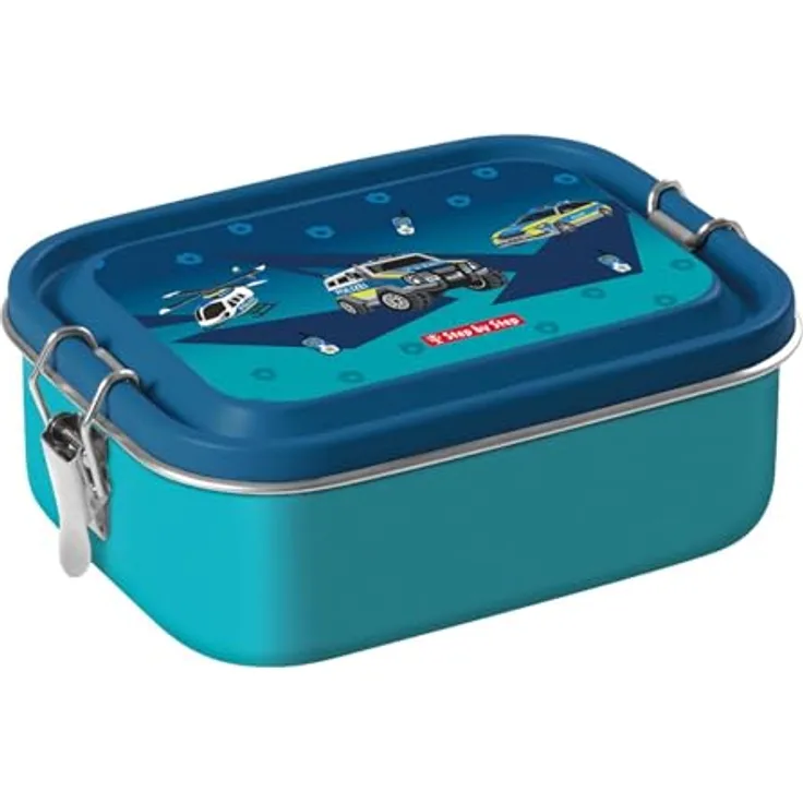 Step by Step Lunchbox Edelstahl Police, dunkelblau, 0,8 Liter, BPA-frei, flexibler Trenner, sicherer Verschluss