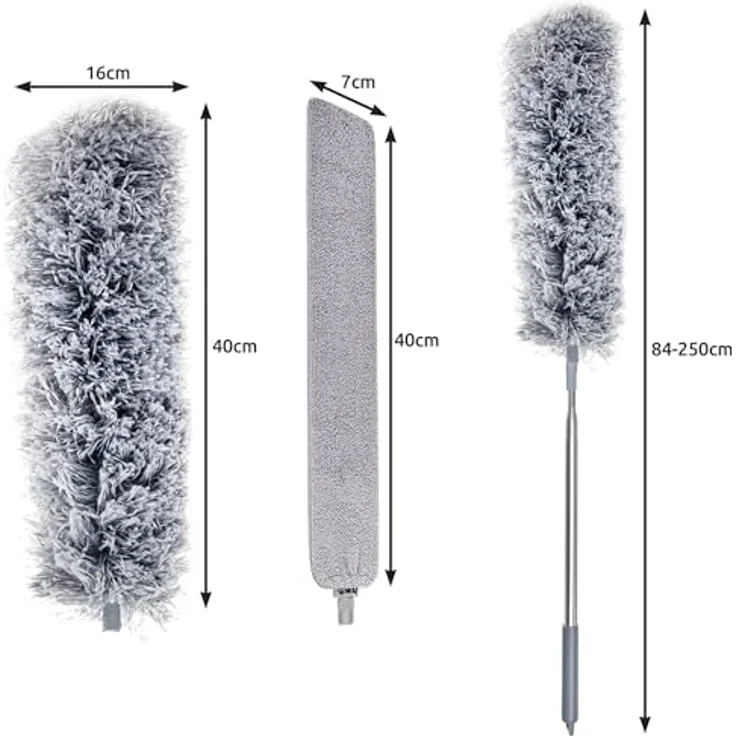 Ruhhy Teleskop-Staubbürste mit zwei Aufsätzen, flexible Reinigung bis 250 cm, grau/silber, 3-teiliges Spar-Set – Bild 2