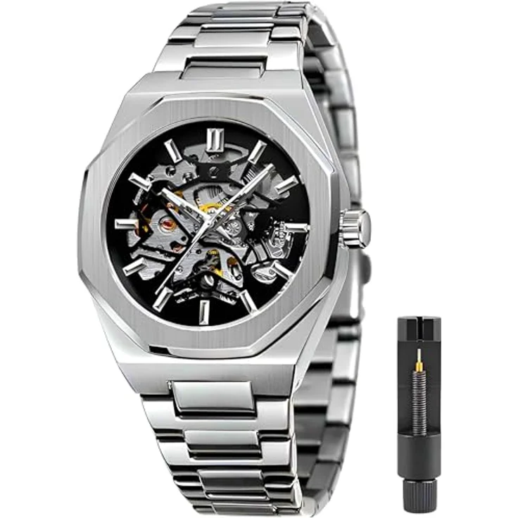 S&T Design Mechanische Uhr Skelett Edelstahl, Achteckiges Design, Wasserdicht, für Herren - Preisvergleich – Bild 1