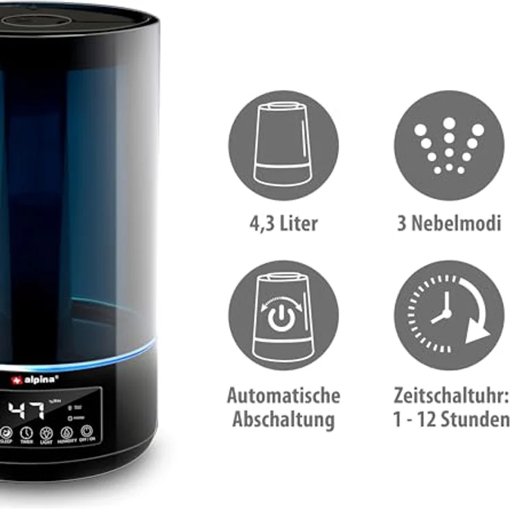 alpina Luftbefeuchter 4.3L, Humidifier mit Aroma Diffuser für Ätherische Öle, 3 Nebelstufen, Timer, Elektrische Duftlampe, Schwarz – Bild 3