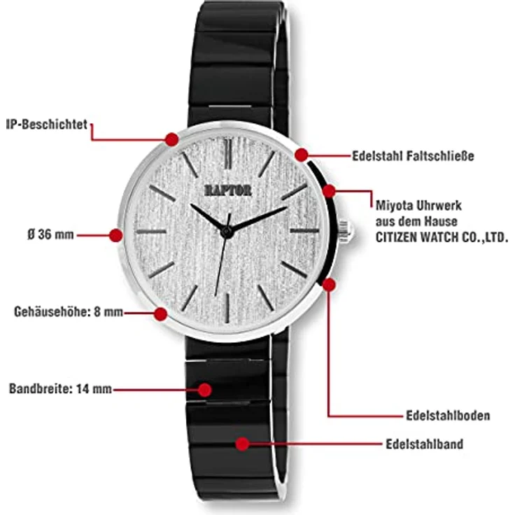 Raptor Damen-Uhr Edelstahl Armband Faltschließe Glitzer Analog Quarz RA10166 (schwarz/silberfarbig) – Bild 4