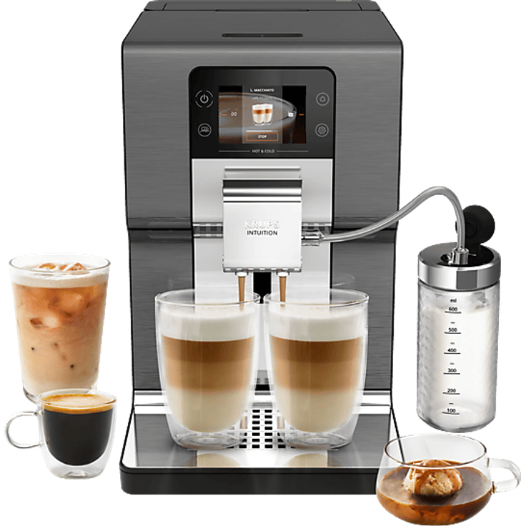 KRUPS EA879N Intuition Experience Hot&Cold Kaffeevollautomat Titan, 36 Zubereitungen, integriertes Milchaufschäumsystem, Touchscreen Bedienung