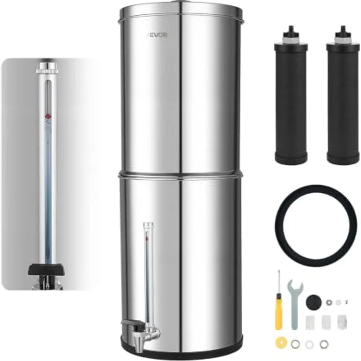 VEVOR Schwerkraft-Wasserfilter 12,3 L Edelstahl 304, Wasserfiltersystem mit 2 Aktivkohlefiltern, reduziert Blei und 99 % Chlor, Wasserstandsanzeige für Zuhause und Camping – Bild 1