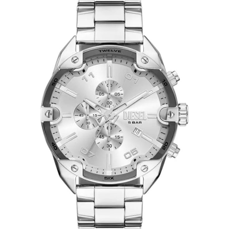 Diesel Herren Analog Quarz Uhr mit Edelstahl Armband DZ4677 in Silberfarben