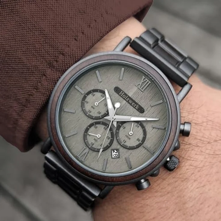 Holzwerk Germany Handgefertigte Designer Herren-Uhr Chronograph Armband-Uhr Quarz-Uhr Braun Schwarz Grau Römische Ziffern Datum Holz – Bild 3