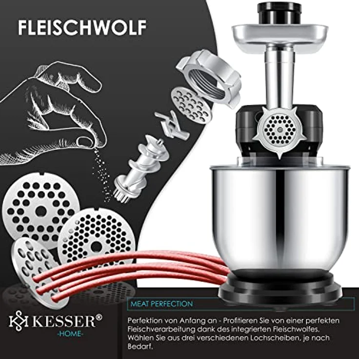 KESSER K-KM 3000 3 in 1 Universal Küchenmaschine, 1500W, 5,5L Schüssel, inkl. Fleischwolf, 3 Rührwerkzeuge, 1,5L Entsafter, Wurst Set Pasta & Plätzchenformen, schwarz – Bild 3