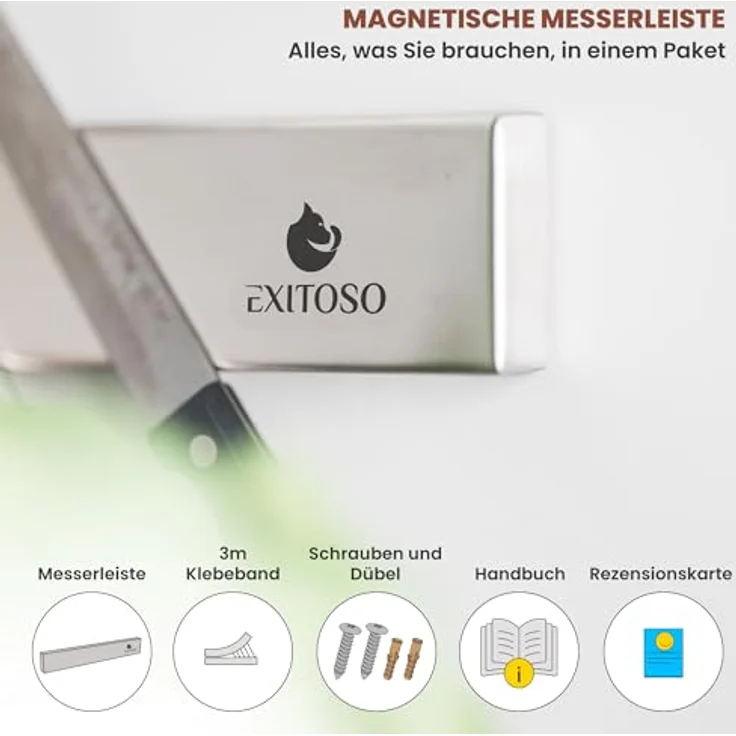 Exitoso Edelstahl Magnetleiste Messer selbstklebend - Kleben und Bohren mit 3M Klebeband - Magnetischer Magnet Messerhalter Messerleiste magnetisch - Messer Magnetschiene für Messer Magnetleiste – Bild 5