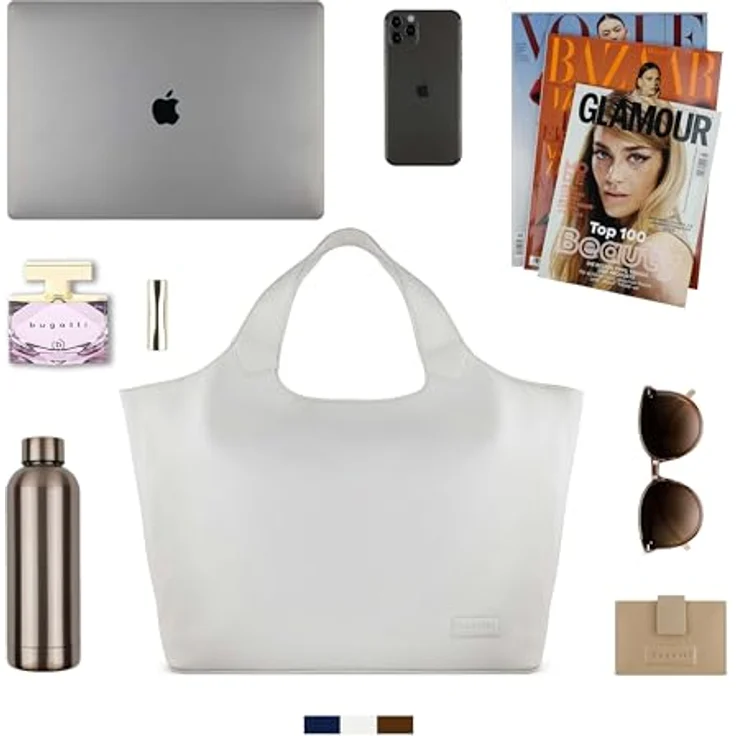 bugatti Elsa Shopper Tasche L, 100% Leder, 50 cm mit Laptopfach, weiß – Bild 6