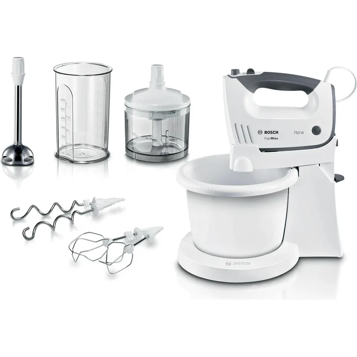 Bosch Hausgeräte MFQ37490, Handmixer mit 750 W Motor, ergonomischem Design und spülmaschinenfesten Teilen, Weiss/Grau – Bild 1