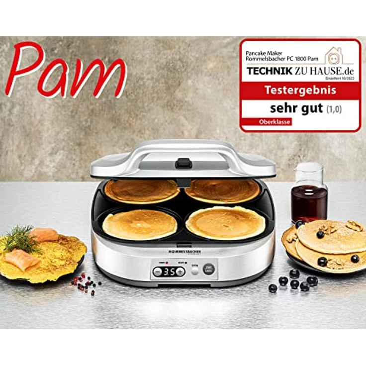 Rommelsbacher PC 1800 Pam Pancake, Crêpes-Maker, 1800 Watt, für 4 Waffeln, LED-Display, 4 Backmulden à 13,5 cm Ø, silber – Bild 2