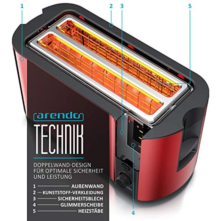 Arendo Frukost 4-Scheiben Langschlitz-Toaster aus Edelstahl mit Defrost-Funktion, integriertem Brötchenaufsatz und Restzeitanzeige, rot – Bild 2