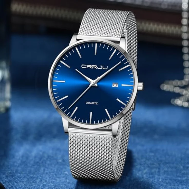 CRRJU Ultra Dünne Herren Uhr, Wasserdichte Armbanduhr mit Schwarz Edelstahl Meshband, Analog Quarz, Silber Blau – Bild 3