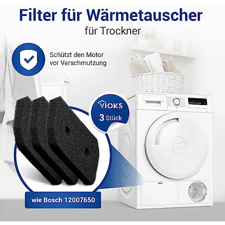 VIOKS Trockner Filter Schaumstoff SET 3x, Ersatz für Flusensieb Bosch 12007650, langlebig und passgenau für Wärmepumpentrockner A+++ – Bild 2