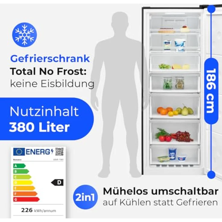 Bomann® Gefrierschrank GSVS 7365 titan, 2in1 Nofrost Tiefkühlschrank mit 380L Nutzinhalt, leise, elektronische Temperaturregelung – Bild 2