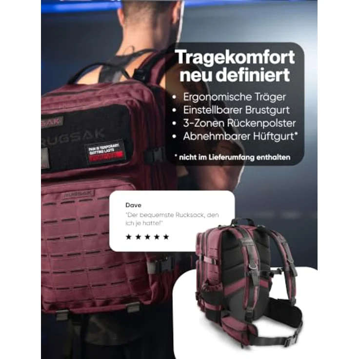 RUGSAK Alpha 45L Rucksack Merlot Red – Wasserabweisend, 18-Zoll Laptopfach, Ergonomisch, Reise, Alltag & Outdoor – Bild 2
