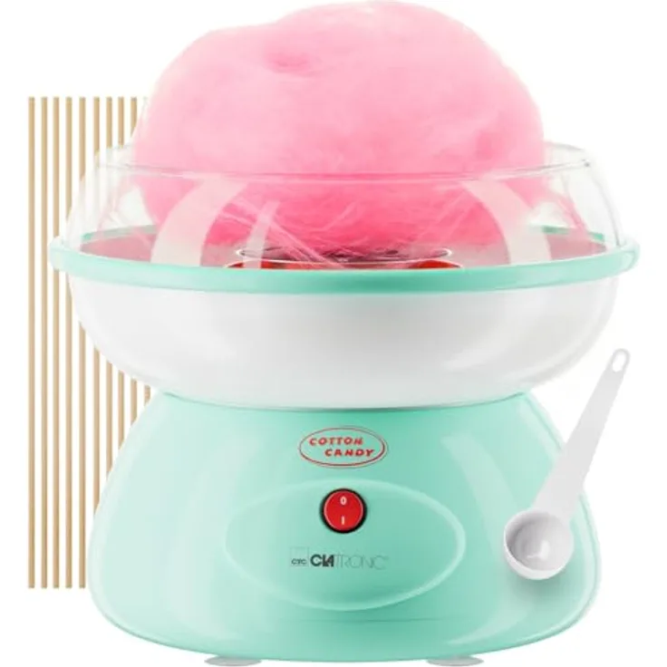 Clatronic ZWM 3478, Zuckerwattemaschine 500W mit Messlöffel, 10 Holzstäbchen und Spritzschutz, mint