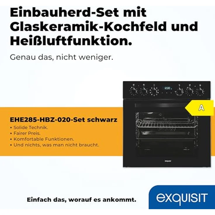 Exquisit Herd-Set EHE285-HBZ-020-Set schwarz | 75 l Garraum, Energieeffizienzklasse A, Glaskeramik Kochfeld, 4 Kochzonen, 60 cm – Bild 2