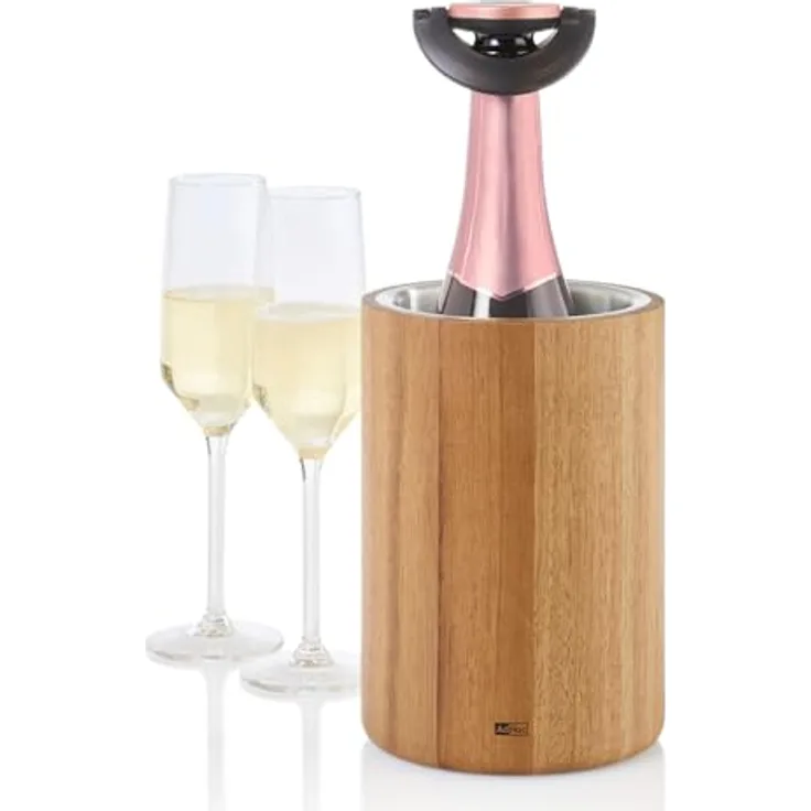 AdHoc WK30 Flaschenkühler für Wein, Sekt, Champagner, aus Akazienholz und Edelstahl, hält Flaschen bis 10,5 cm Durchmesser kalt