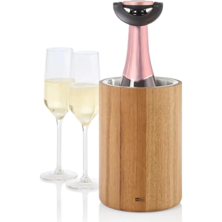 AdHoc WK30 Flaschenkühler für Wein, Sekt, Champagner, aus Akazienholz und Edelstahl, hält Flaschen bis 10,5 cm Durchmesser kalt – Bild 1