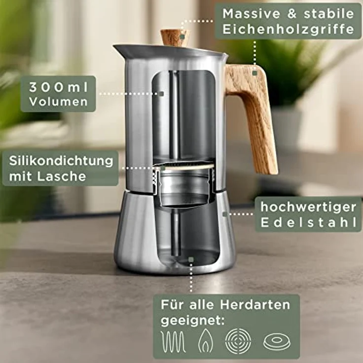 Waldwerk Espressokocher Edelstahl, 300 ml Kaffeekanne für Induktion und alle Herdarten, mit Eichenholzgriff und Messing-Sicherheitsventil – Bild 2