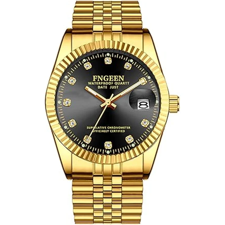 JewelryWe Herren Armbanduhr Edelstahl Gold, 30m wasserdicht, Analog Quarz mit Datum, Schwarz rundes Zifferblatt und Leuchtzeiger – Bild 1