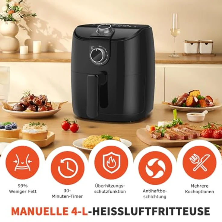 Aigostar Hayden Alpha 4L Heißluftfritteuse mit 1500 W, 30-Minuten-Timer, einstellbarer Temperatur, Überhitzungsschutz, Schwarz – Bild 4