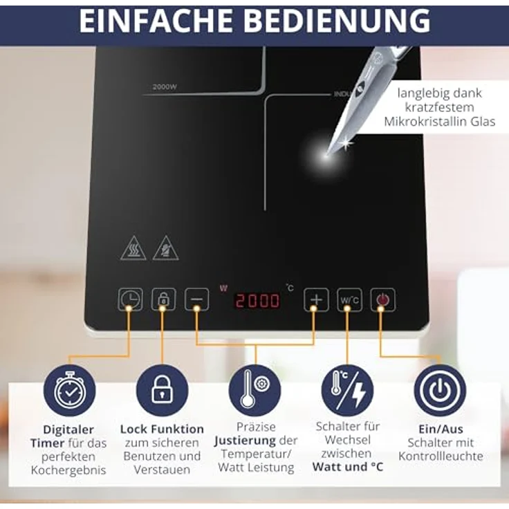 Sommertal Induktionskochfeld 1 Platte 2000W, super slim Design, Touch-Bedienung, Sicherheitsautomatik – Bild 3