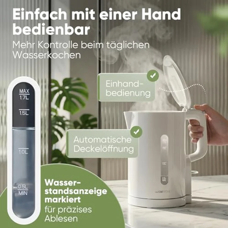 Clatronic WK 3835 Wasserkocher 1,7L, 2200W, BPA frei, Einhandbedienung, Wasserstandsanzeige, weiß – Bild 3