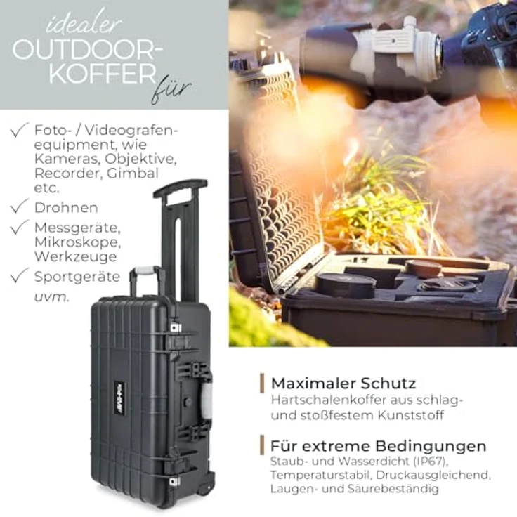 HMF Hartschalen-Trolley Outdoor-Trolley, Fotokoffer mit Rasterschaumstoff, 56 x 34,5 x 23 cm, schwarz – Bild 3
