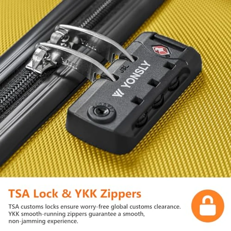 YONSLY Gepäck Suitcase M, Hartschalen-Koffer mit TSA-Schloss, YKK-Reißverschluss, Teleskopgriff und 360° Lenkrollen, Gelb – Bild 4