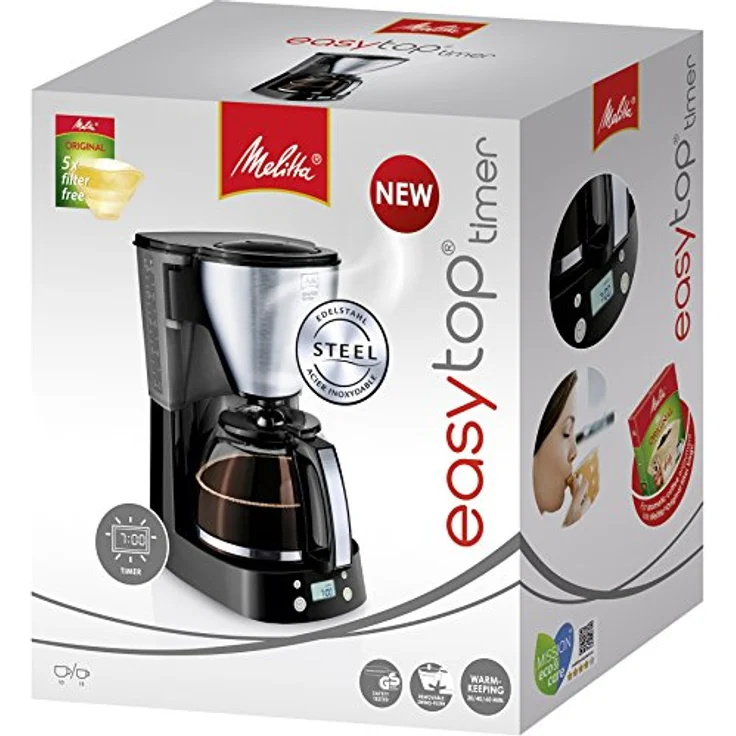 Melitta Easy Top Timer 1010-15, Filterkaffeemaschine mit Glaskanne, Programmierbare Warmhaltezeit, Schwarz-Edelstahl – Bild 3