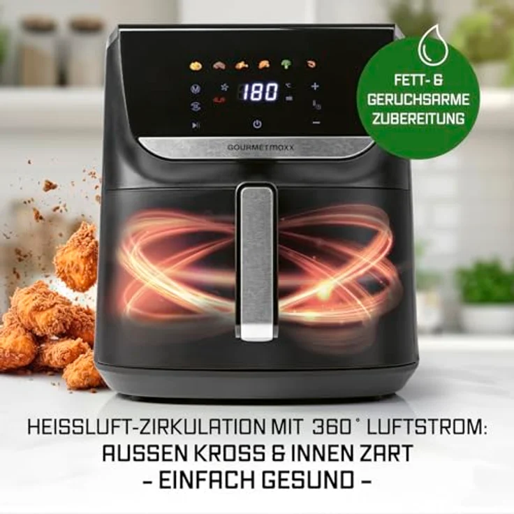 GOURMETmaxx Heißluftfritteuse AirGenius, 7,5 l - Mattschwarz, farbiges LED-Touchdisplay, 7 Programme, 1700 Watt, 360° Heißluftzirkulation – Bild 6