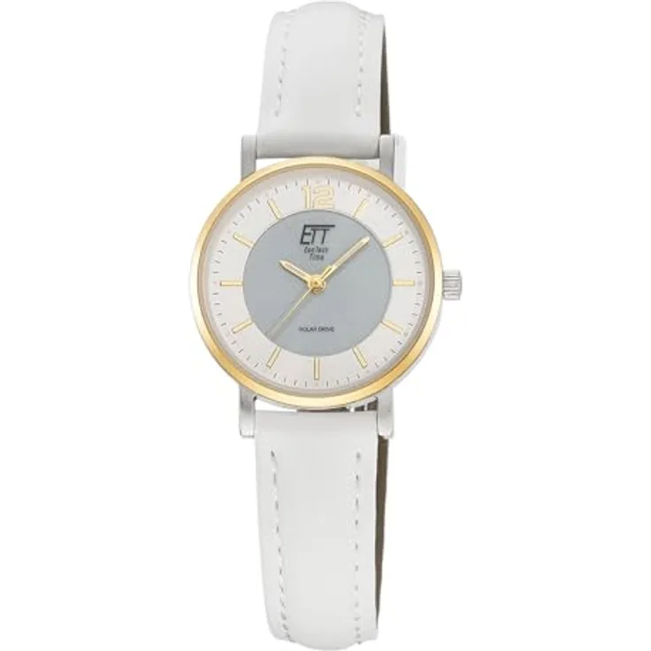 ETT Eco Tech Time Solar Damen Uhr Analog, Edelstahlgehäuse (Silber), weißes Lederarmband, präzises AS01 Uhrwerk, flach und leicht