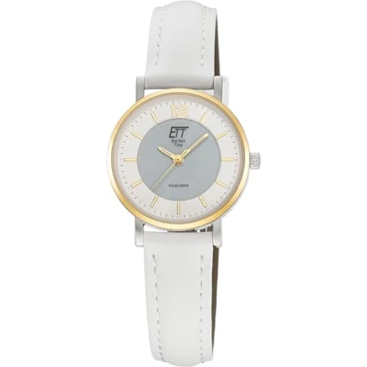 ETT Eco Tech Time Solar Damen Uhr Analog, Edelstahlgehäuse (Silber), weißes Lederarmband, präzises AS01 Uhrwerk, flach und leicht – Bild 1