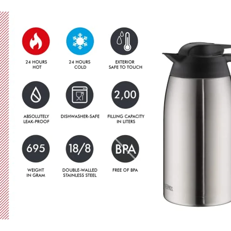 THERMOS 4026.205.200 Thermoskanne THV, Edelstahl mattiert 2,0 l, 24 Stunden heiß, 24 Stunden kalt, zerlegbarer Verschluss, BPA-Frei – Bild 5