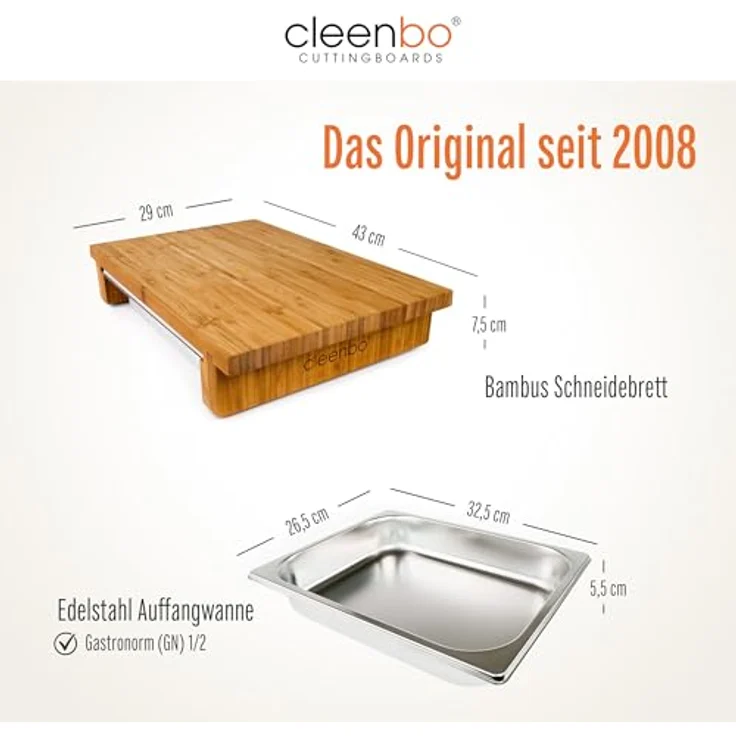 cleenbo Schneidebrett 'classic bamboo GN' mit Edelstahl Auffangschale – Bild 4