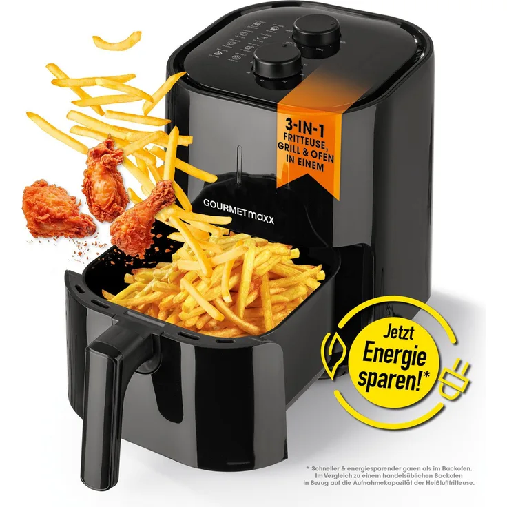 GOURMETmaxx Heißluftfritteuse, 1200,00 W, mechanisch, Timer-und Abschaltfunktion, knusprige Pommes, fettarm, in runder Form, schwarz
