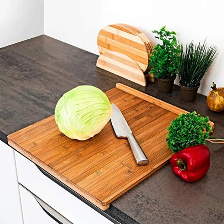 Relaxdays Tranchierbrett aus Bambus H x B x T: ca. 2,5 x 38 x 45 cm Schneidebrett mit doppelter Anschlagkante beidseitig verwendbar Küchenbrett besonders messerschonend großes Holzbrett robust, natur – Bild 2