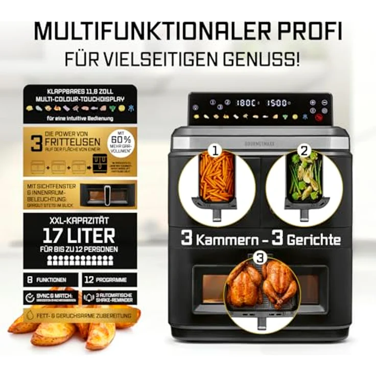 GOURMETmaxx FryUp3, Vertikale Heißluft-Fritteuse mit 3000W, 17l, 3 Frittierkammern und Sichtfenster, schwarz/Edelstahl – Bild 3