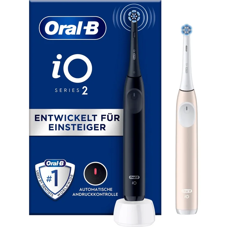 Oral-B iO Series 2 Elektrische Zahnbürste – 2 Handstücke, 3 Modi, Andruckkontrolle, Timer, inkl. Ladestation (Schwarz/Rosa)