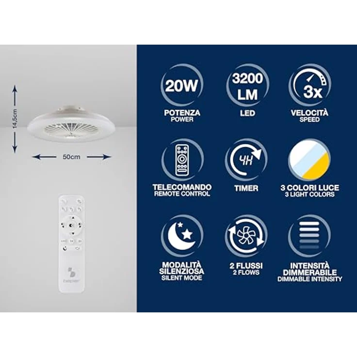 BEPER P206VEN640 Deckenventilator mit LED-Licht, 40W, 3 Geschwindigkeiten, Timer, Fernbedienung, Weiß – Bild 2