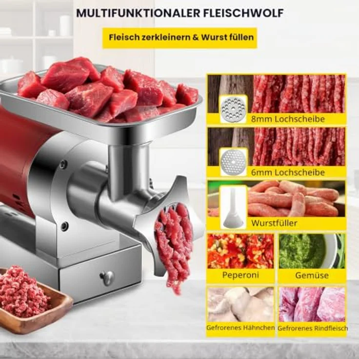 VEVOR elektrischer Fleischwolf 800 W, 300 kg/h, 180 U/min, Edelstahl, mit 2 Mahlplatten und Wurstset für gewerbliche Nutzung – Bild 5