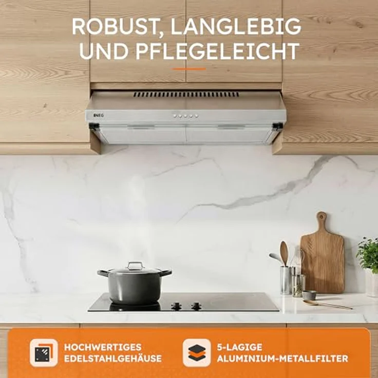 NEG NEG15-ATS+, Motorhaube, Standard, Breite: 60 cm, Tiefe: 50 cm, Absaugung und Rückführung (mit zusätzlichem Rückführungsset), Silber – Bild 7