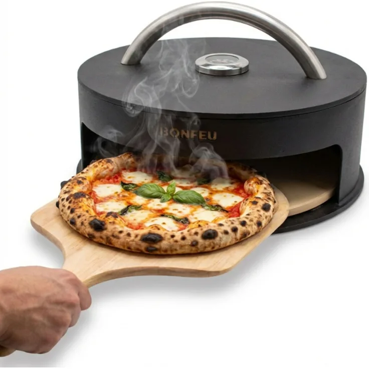 BonFeu BonPizza Pizzaofen Schwarz, Outdoor Holzofen mit Pizzastein 34 x 34 cm und leichtem Deckel