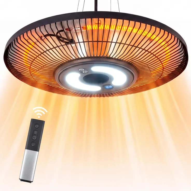 ZMH 2 in 1 Heizstrahler Rund mit Licht, Touch Bedienung, Fernbedienung, 2000W, IP65, Digitaldisplay, 24h Timer, Ø42cm für Garten, Balkon und Esszimmer