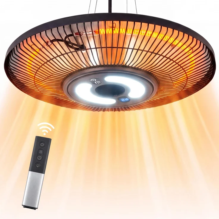 ZMH 2 in 1 Heizstrahler Rund mit Licht, Touch Bedienung, Fernbedienung, 2000W, IP65, Digitaldisplay, 24h Timer, Ø42cm für Garten, Balkon und Esszimmer